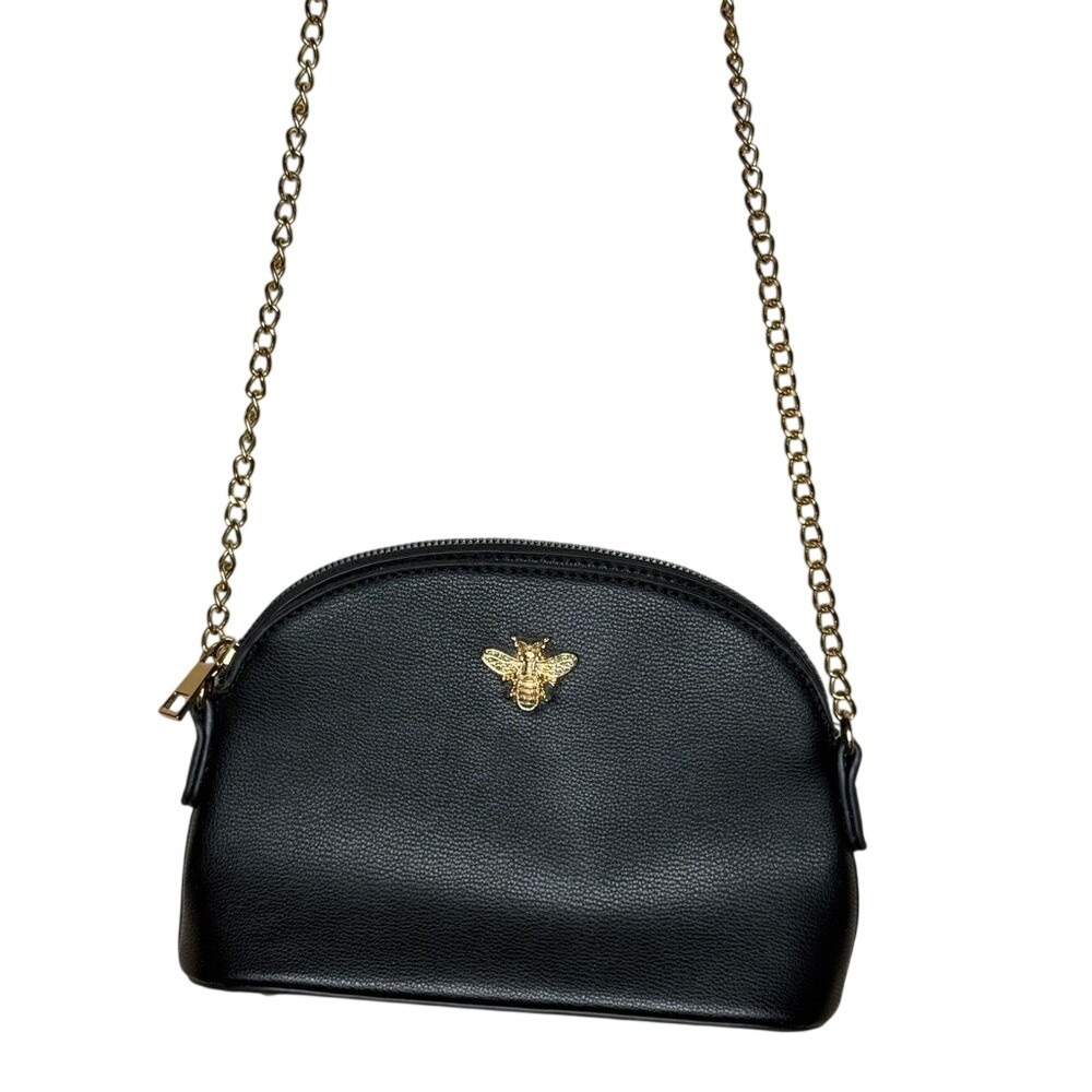 Black Bee Crossbody Bag Gold Chain Faux Leather Shoulder Purse‎